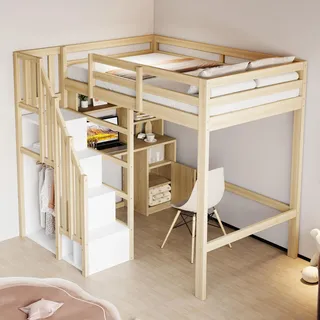 Massivholz-Hochbett 90x200 cm mit Schreibtisch, Treppenregal & Schrank Platzsparendes Jugendbett Kinderbett Natur - Braun