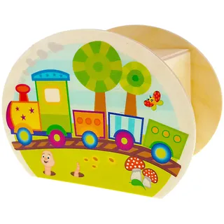 hess since 1990 Hess Holzspielzeug 20021 - Kinder-Spardose aus Holz mit Eisenbahn-Motiv inkl. Gummischloss, handgefertigt, für Geld-Geschenke zum Geburtstag, ca. 11,5 x 8,5 x 6,5 cm groß