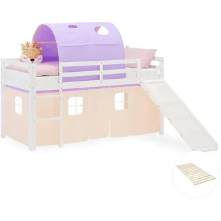 Homestyle4u Hochbett 90/200 cm in Weiß und Lila mit Rutsche + Lattenrost , Weiß, Lila , Textil , Kiefer , 90x200 cm , Babymöbel & Kindermöbel, Kinderzimmer & Jugendzimmer, Kinderbetten, Hochbetten