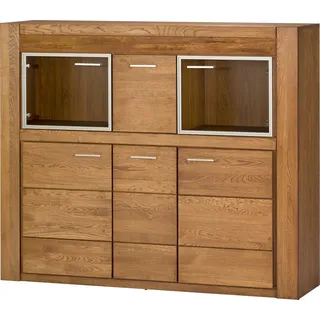 Furniture24 Kommode Velvet 48 Highboard Hochschrank Vitrine 1 Klappe 5 Türen und Led Beleuchtung Massivholz Eiche fronten Natturfurnier Eiche Wohnzimmer Rustical Eiche - Schwarz