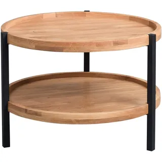 M2 Kollektion Alva 2 – Runder Couchtisch (Ø 65 cm, H 46 cm) | Furnierte Wildeiche, geölt | Metallgestell in Schwarz | Mit zusätzlicher Ablage | Modernes, industrielles Design | Pflegeleicht & stabil
