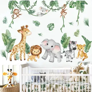 wondever Wandtattoo Dschungel Tiere Reben Wandsticker Elefant Giraffe Löwe | Abziehen und Aufkleben, Abziehbar, Wandaufkleber Selbstklebend für Kinderzimmer Babyzimmer Schlafzimmer Wanddeko