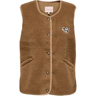 Plüschweste ONLY "ONLBABY LIFE TEDDY VEST PNT CS", Damen, Gr. S, braun (toasted coconut detail:leo heart batch), Plüsch, Obermaterial: 100% Polyester, unifarben, bequem hüftlang, Rundhals, Westen Plüschweste, Kunstfaser Plüsch