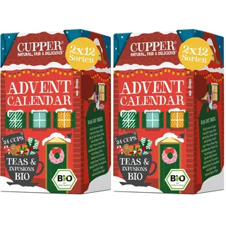 Cupper Bio Tee Adventskalender 2025, Geschenk Weihnachten, Weihnachtskalender ohne Schokolade mit 24 Teebeuteln, 2x12 Sorten, zwei neue exklusive Sorten (Packung mit 2)