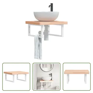 The Living Store Waschbeckenregal Wandmontage Stahl und Massivholz Buche - Braun