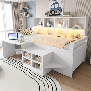 Flieks Kinderbett 90x200cm mit Schreibtisch und Steckdosen, Kinder Hochbett mit Schrank und Regal, Tagesbett Holzbett Einzelbett mit Led, Weiß - Weiß
