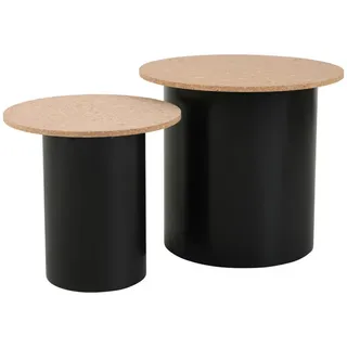Mid.you Beistelltischset , Naturfarben, Schwarz , Holz, Holzwerkstoff , 2-teilig , Pinie, Kork , massiv , rund , Säule , 50-40x45-38x50-40 cm , Wohnzimmer, Wohnzimmertische, Beistelltische