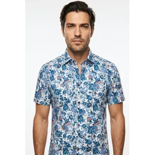 OLYMP Kurzarmhemd "LUXOR" Blume-Alloverpint, Businesshemd, modern fit, blau