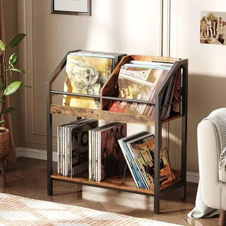 CHOEZON Vinyl Schallplatten Aufbewahrung, 2-stöckiger Schallplattenständer, Schallplattenregal, Schallplattenhalter mit Metallteiler, für CDs, Zeitschriften, Rustikales Braun und Schwarz DTCW07BF