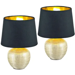 Tischleuchte Tischlampe Nachtlampe, Keramik Textil, Gold-Schwarz, 1x E14 Fassung, DxH 18x26 cm, Schreibischlampe Nachttischleuchte - 2er Set
