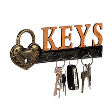 Bild Schlüsselbrett, 5 Haken, Vorhängeschloss & Keys-Schriftzug, Gusseisen, Vintage, HBT 10x26x3 cm, orange/schwarz, 1 Stück