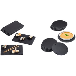 Relaxdays, 30x20 cm, anthrazit Schieferplatte im 6er Set, große Servierplatten & Schieferplatte 6er Set rund, 25cm Ø, Pizzateller zum Servieren & Beschriften, Buffet, Servierplatte, anthrazit