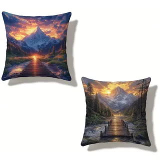 Kissenbezug 45x45 cm 2er Set SonnenuntergangKissenhüllen 45 x 45 Dekokissen Berg Wasserfestem Leinen Beidseitiger Druck für Zierkissen Sofa Kissen Frühling Sommer Outdoor Heimdekoration D-120555