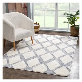Carpet City Teppich Hochflor Wohnzimmer - 80x150 cm - Scandi, Landhaus-Stil Creme Grau - Cut-Loop, Hochtief, 3D-Effekt - Shaggy Teppiche Flauschig-Weich Schlafzimmer Langflor