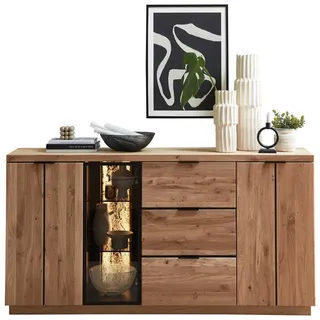 Linea Natura Sideboard , Schwarz, Wildeiche , Metall , Wildeiche, Kork , furniert, massiv , 2 Glasböden 4 Holzböden Fächer , 3 Schubladen , 180x93x48 cm , Beimöbel erhältlich , Wohnzimmer, Wohnwände, Wohnwand-Serien