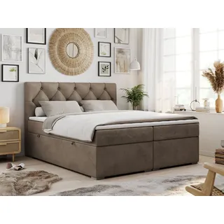 MKS Meble Boxspringbett 180x200 mit Bettkasten, Boxspringbett 180x200 mit Matratze, Doppelbett mit Matratze und Topper - Polsterbett mit Kopfteil - Stauraumbett - ALDA - 180x200 - Braun - Velvet - H3 - Braun