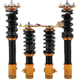Gewindefahrwerk, höhenverstellbar 1-3”, 24 Stufen Dämpfereinstellung, Vorderachsfederhärte 9 kg/mm, Hinterachsfederhärte 7 kg/mm, Zwillingsrohr-Dämpfertyp