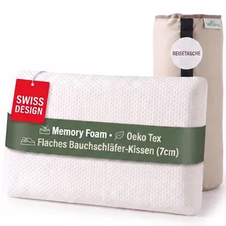 Welldora Bauchschläferkissen 30x50 | 7 cm flach | Memory Foam | Tencel | Flaches 7 cm Memory Foam Kissen für Bauchschläfer | 3D-Air-Tencel-Bezug | Travel Bag | OEKO-TEX Standard 100