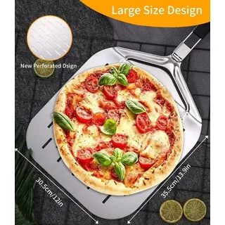 Professionelle Pizzschub, geperforierte Aluminiumlegierung, großes, stabiles Pizzschubblatt, inklappbarer Griff, ideal für Grill oder Backofen, 30 x 35 cm.