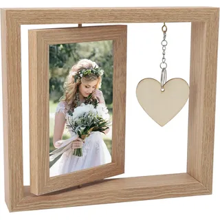 Holzmaserung Bilderrahmen 10x15cm,DIY-Fotorahmen Holzrahmen, Doppelseitiger | Holz Drehbare Fotorahmens mit Herz Anhänger, Personalisiert Fotorahmen, Erntedankfest Geschenk,Geburtstagsgeschenk
