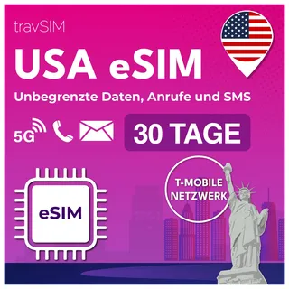 travSIM USA eSIM | T-Mobile Netz | Unbegrenzte Daten, Anrufe & Texte in den USA | eSIM für USA funktioniert auf eSIM kompatiblen iOS & Android Geräten | USA eSIM 30 Tage