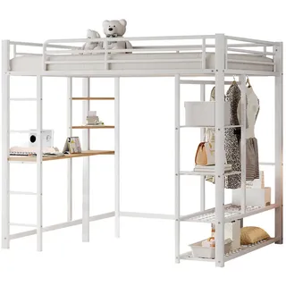 Stilvora Hochbett 140/200 cm in Weiß mit Tisch, Regal und Kleiderstange aus Metall im modernen Design , Metall, Holz , 140x200 cm , Babymöbel & Kindermöbel, Kinderzimmer & Jugendzimmer, Kinderbetten, Hochbetten