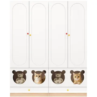 Flieks Kinder-Kleiderschrank 80x50x200cm Weiß + Natur mit Katzenbett Keramikgriffe , Multicolor , Holz , 50x200x80 cm , Babymöbel & Kindermöbel, Babyzimmer, Babykleiderschränke