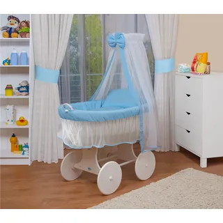 WALDIN Baby Stubenwagen-Set mit Ausstattung,XXL, Bollerwagen, komplett,blau/weiss,Gestell/Räder weiß lackiert - Blau