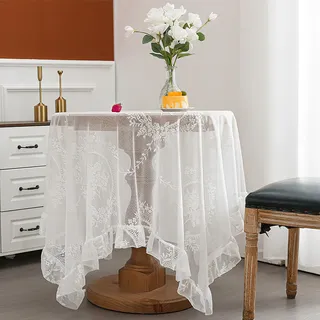 Weiß Spitze Quadratisch Tischdecke mit floralem Muster, Vintage Overlay Rüschen Tischtuch, französische rustikale bestickte Tischdecke für Hochzeit Party Bankett Empfang, 140x140cm