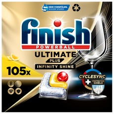 Finish Ultimate Plus Infinity Shine Citrus Spülmaschinentabs – Geschirrspültabs für intensive Reinigung, Fettlösekraft und Glanz mit Schutzschild – 105 Caps, Tablette, Zitrone