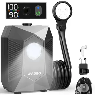 WADEO Tragbare Campingdusche mit 6000-mAh-Akku, Camping-Duschpumpe mit Beleuchtung, IPX8 wasserdicht & 5 Druckmodi, Outdoor-Duschpumpe Campingdusche Set mit Lampe für Wandern, Reisen, Haustiere