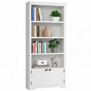 IDEALHOUSE Landhaus Bücherregal 175 cm, Bücherschrank Mit 5 Ebenen-2 Türen | Standregal mit verstellbare rutschfeste Einlegeböden, offenes Aufbewahrungsregal für Homeoffice&Wohnzimmer