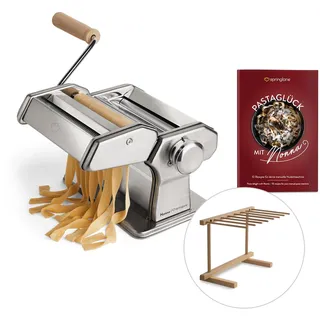 SPRINGLANE Manuelle Nudelmaschine Nonna, Edelstahl, Pastamaker inkl. Rezeptheft, Nudeltrockner & 3 Schneideaufsätze für Spaghetti, Lasagne, Tagliatelle - Silber