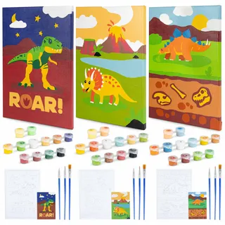BONNYCO Malen nach Zahlen Kinder Dinosaurier 3 Stück. Dinosaurier Geschenke für Kinder, Dino Bastelset Jungen Mädchen. Malen nach Zahlen mit Rahmen, Paint by Numbers. Dino Geschenk, Kreativ Set