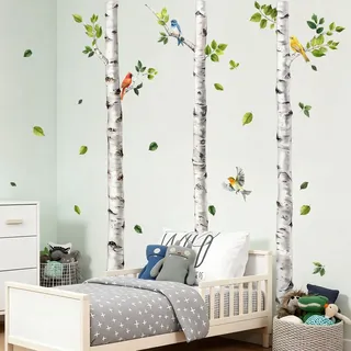 Supzone Wandtattoo Birkenbäume (H:174cm) Wandaufkleber 3 Espenbäume Vögel Selbstklebende Wandsticker Birkenstamm für Kinderzimmer Wohnzimmer Schlafzimmer Sofa TV Hintergrund Wanddeko