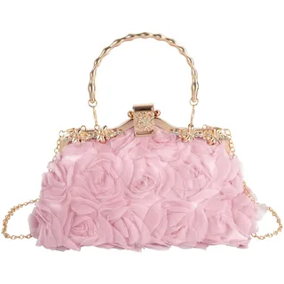 MilyaDE Damen Rose Clutch mit Strass Ketten Kisslock, Elegante Hochzeit Schulter- & Handtasche für besondere Anlässe, Rosa