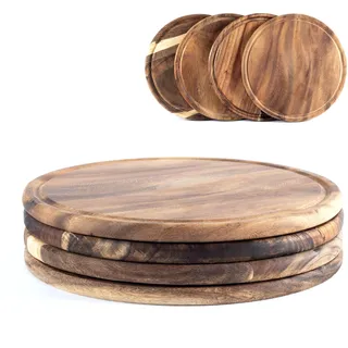 Hanseküche Schneidebrett Holz, 4er Set rundes Servierbrett/Fleischteller Ø 25 cm aus FSC-zertifiziertem Akazienholz, mit Saftrille – auch als Servierplatte rund und Pizzabrett