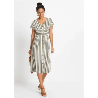 Midikleid BONPRIX, Damen, Gr. 48, N-Gr, oliv, weiß gestreift, Obermaterial: 100% Viskose, ausgestellt, Kleider Midikleid, für warme Tage, aus Viskose, ausgestellte Passform