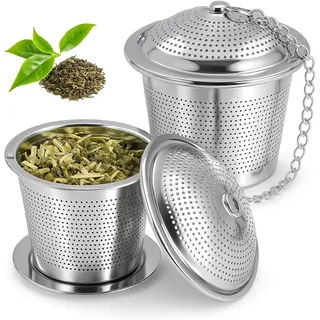 Teesieb 2er Set aus Edelstahl – Feines Sieb für losen Tee & Kräuter – Inklusive Abtropfschale & 11 cm Kette – Wiederverwendbar, spülmaschinenfest, BPA-frei – Perfekt für Tassen, Kannen & Thermobecher