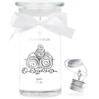 JuwelKerze Fluffy Cotton Halskette Silber - Schmuckkerze - große Duftkerze mit Baumwolle & Leinen Duft - weiße Kerze mit Schmuck Überraschung