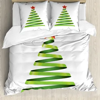 ABAKUHAUS Weihnachten Bettbezug, Band-Baum des neuen Jahres, Milbensicher Allergiker geeignet mit Kissenbezügen, 200 cm x 200 cm - 80 x 80 cm, Gelb Grün Vermilion