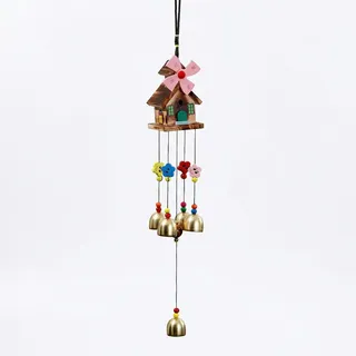 Handgemachtes Windspiel Holz mit Haus & Windmühle – Bunte Gartendeko zum Aufhängen, Windspiele für Draußen Hängend Terrasse Balkon Garten, Beruhigende Klangspiele Outdoor Deko (Rosa)