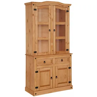 Mexico Buffet Hellbraun Gewachst, 104 x 36 x 196 cm, Massivholz Vitrinenschrank mit viel Stauraum, Landhaus Buffetschrank aus FSC-zertifiziertem Kiefernholz mit Metallgriffen