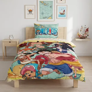 MTOnlinehandel One Piece Bettwäsche 135x200, Manga-Piraten-Set Bettbezug 135x200 + Kissenbezug 80x80, Anime für Kinder und Teenager aus Mikrofaser, angenehm & weich