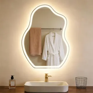 ZMH Spiegel mit Beleuchtung Asymmetrisch LED Badezimmerspiegel 60x80 cm Wandspiegel Bad Touch Schalter Entfogger Funktion 3000K 6500K Licht Dimmbar - Weiß