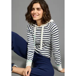 Kapuzenpullover LAURA SCOTT, Damen, Gr. 48/50, marine weiß gestreift, Feinstrick, Obermaterial: 50% Baumwolle, 50% Polyacryl, gestreift, figurbetont hüftbedeckend, Raglanärmel Rippbündchen, Pullover Kapuzenpullover, leichter Übergangspullover mit modernen Streifen, Topseller