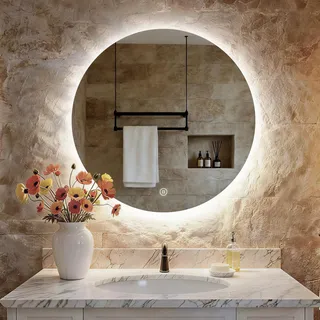 S'AFIELINA LED Badspiegel Rund Badezimmerspiegel Wandspiegel mit Touch-Schalter,Kaltweiß 6500K 70 cm - Transparent