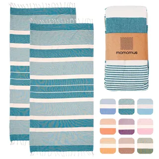 MOMOMUS 2er-Set Fouta XL oder Strandtuch aus Baumwolle 100% - Saugfähig, Ultraweich, Kompakt - Ideal als Strandhandtuch, Hamamtuch und Saunahandtuch - Grün, 90x180cm