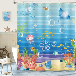 hometrixx Kinder Ozean Duschvorhang 180 x 200 cm Türkis Blau Qualle Unterwasserwelt Koralle Badevorhänge Polyester Badezimmervorhang für Dusche Bad Wasserdicht Maschinenwaschbar mit 12 Ringe