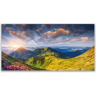 Küchenrückwand aus Glas 140x70cm Spritzschutz Gebirge Sonne Wiese Landschaft